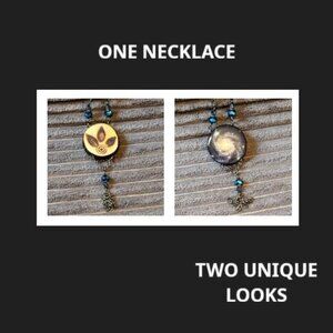Two-Sided Necklace with Wood and Glass Themes  Nature Space Blue and Black